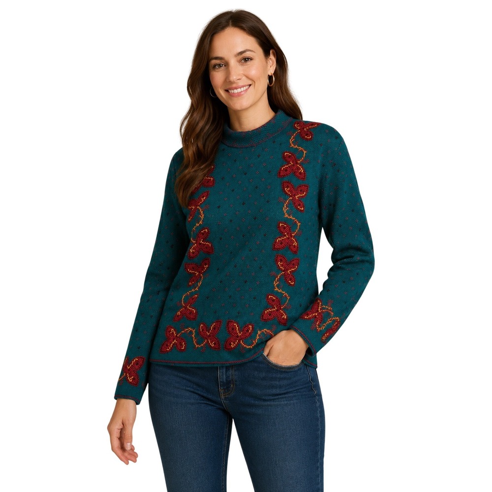 Teal & Red Butterfly Knit‎ Mock Neck Sweater